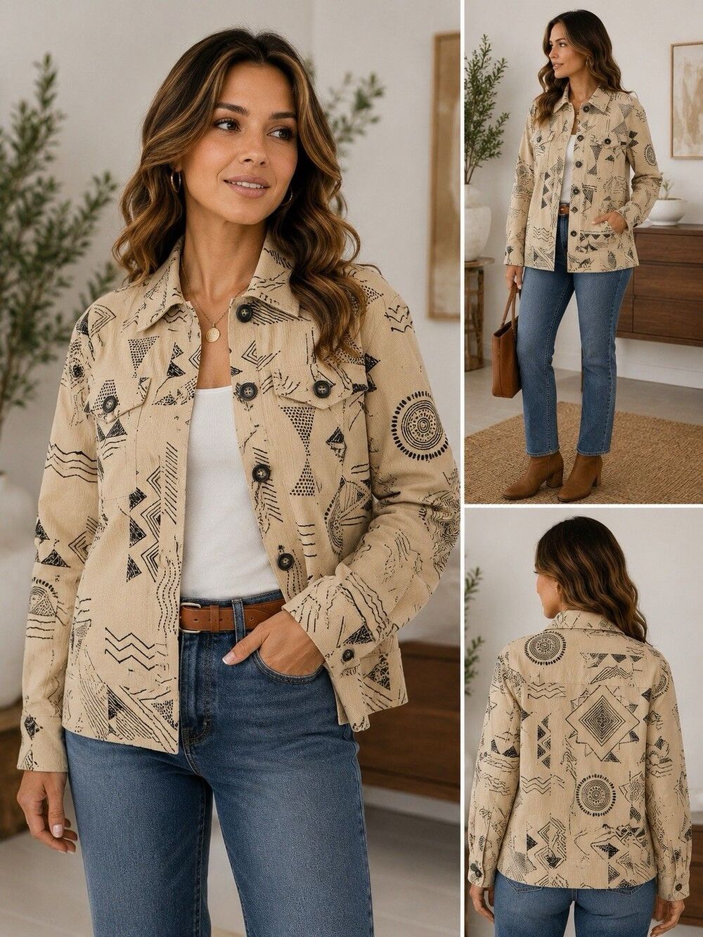 Artsy Geometric Retro Medium Jacket Beige Black Button Front Draper’s & Damon’s